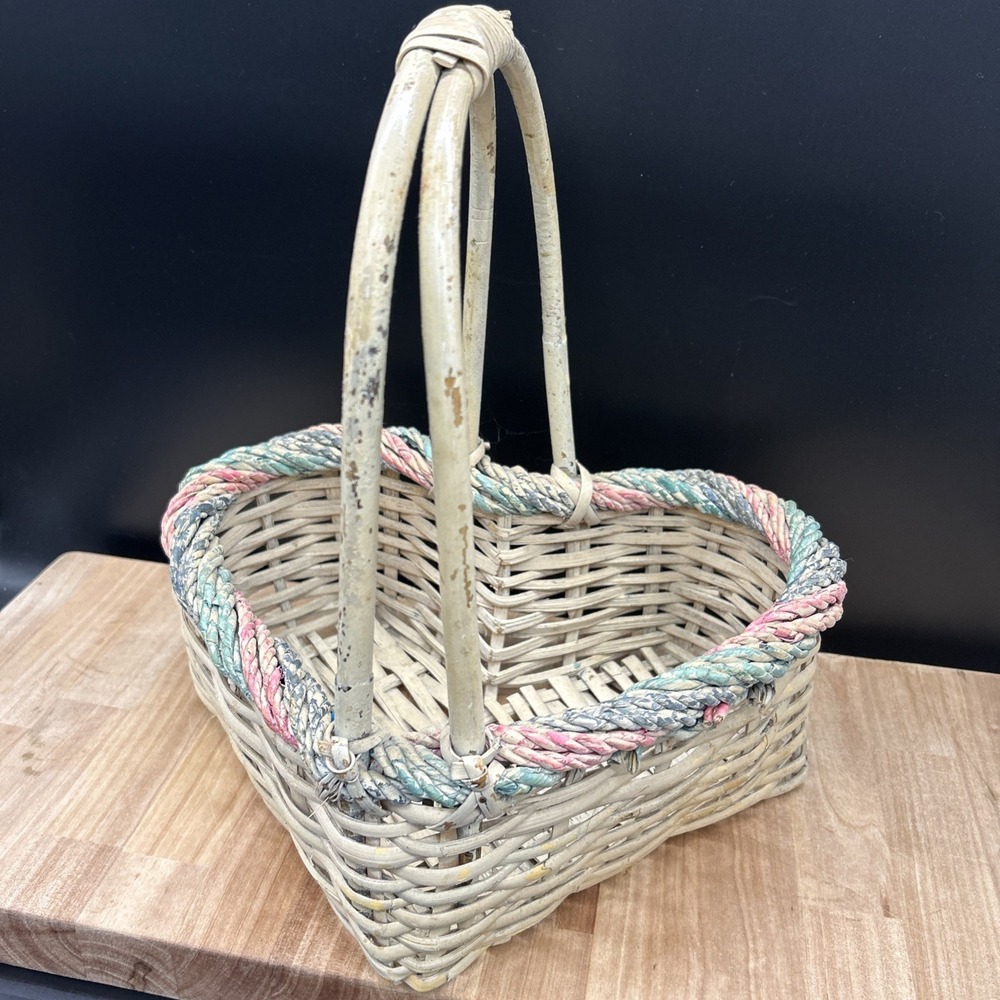 Vintage Heart Shape Woven Wicker Basket Colorful Pastel Rope Accent w/Handle 16"